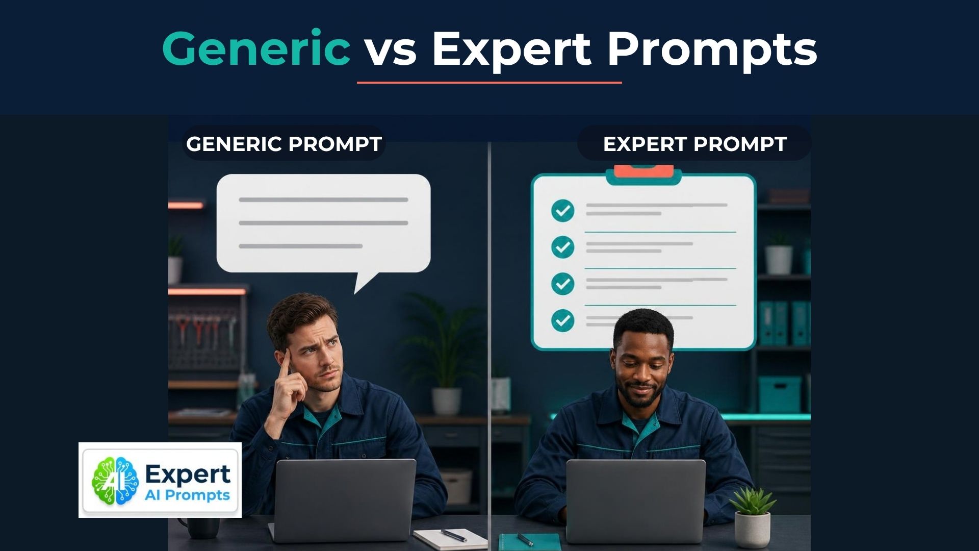 AI writing tool prompt quality: a vague plain prompt beside a structured checklist-style prompt card