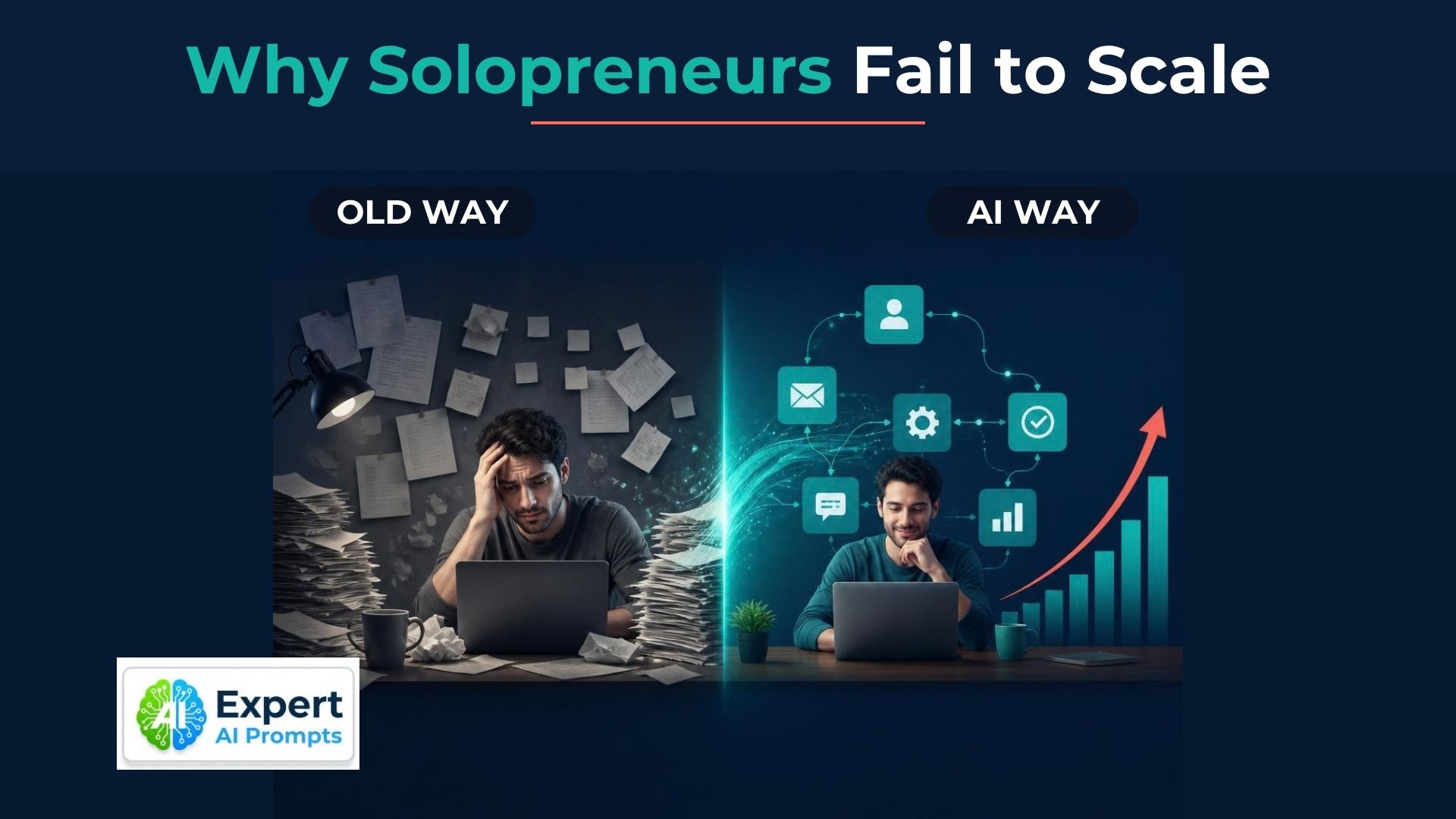 Why solopreneurs fail to scale: an overwhelmed founder beside a calm one with automation flows and a growth chart