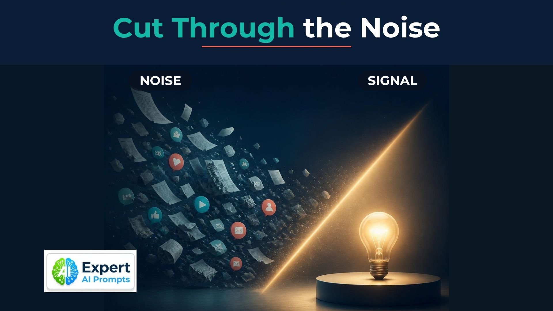Breaking through the noise: a storm of documents and social icons beside one glowing light bulb on a clean platform