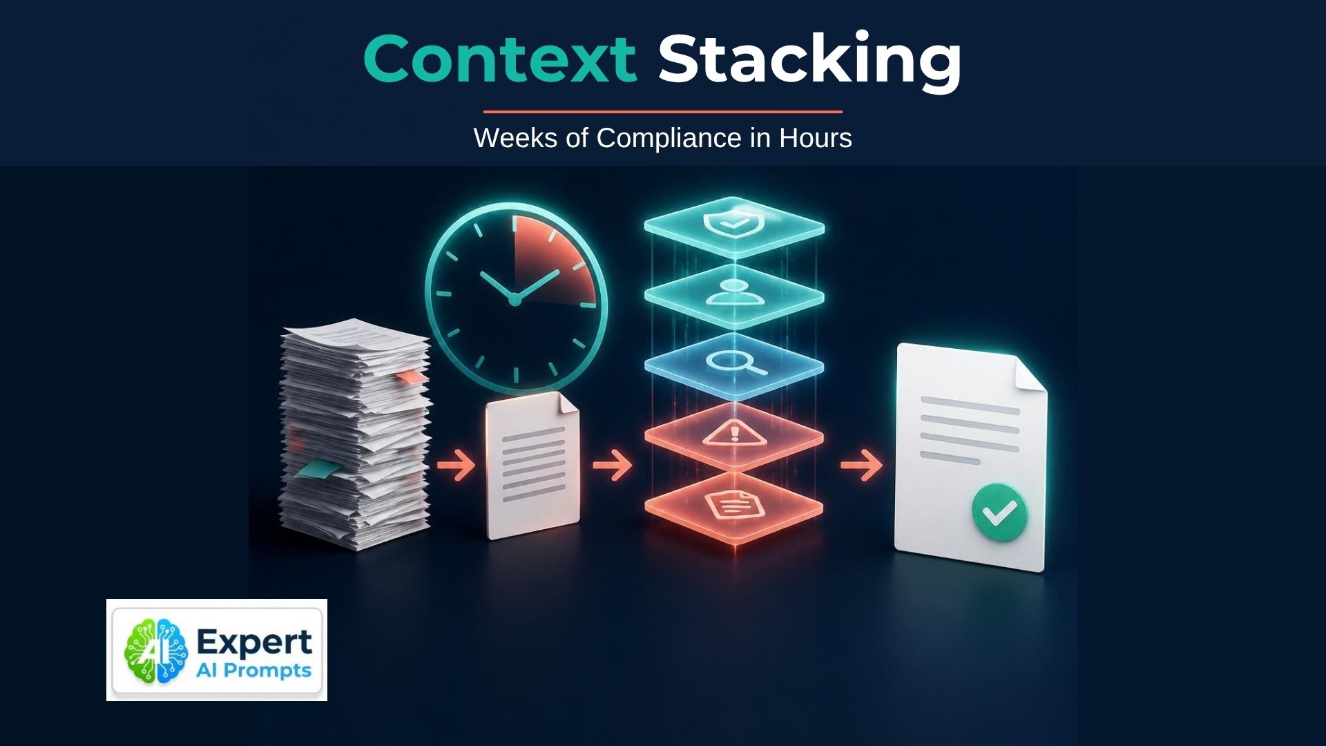 Context stacking for compliance: five glowing layers feeding one document with a green tick as paperwork shrinks