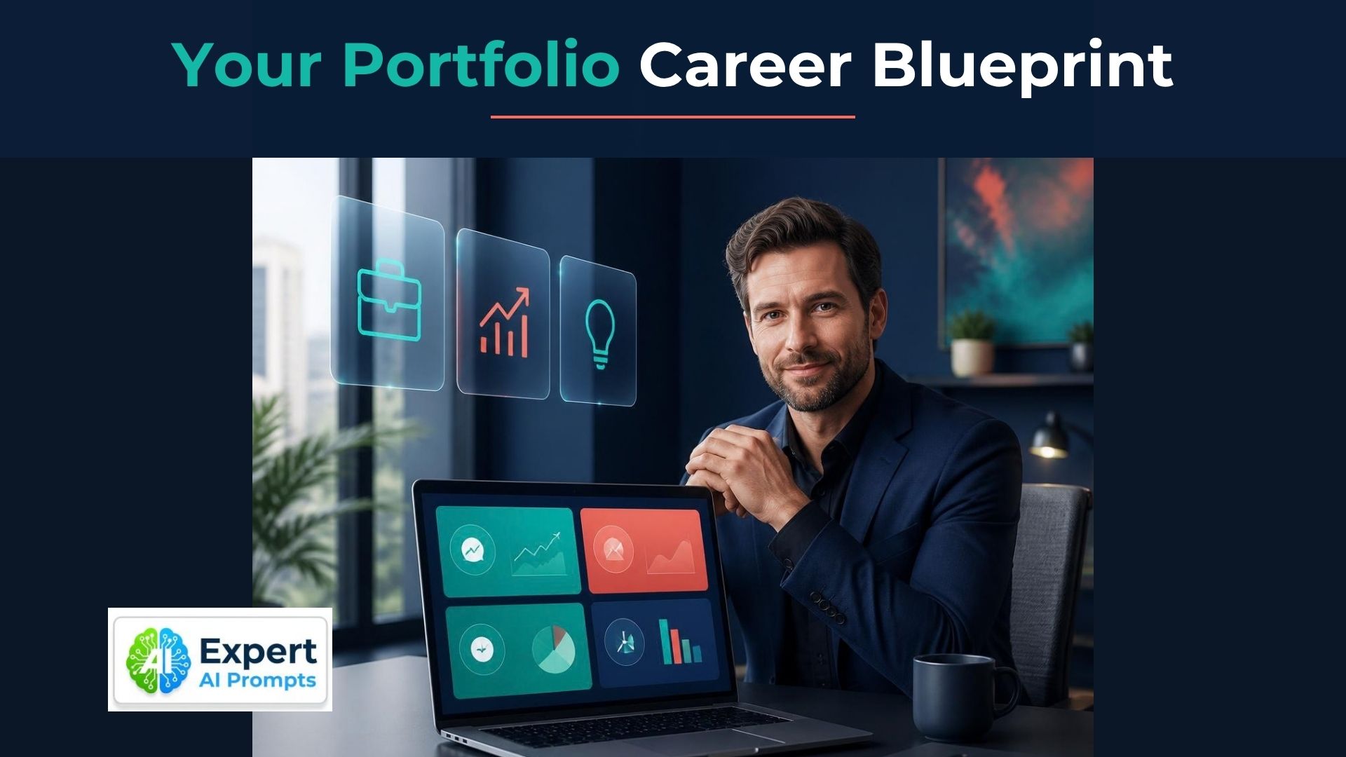 Managing multiple income streams: a professional at a laptop dashboard of coloured income blocks and icon panels