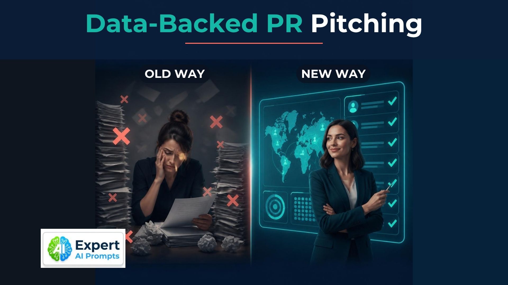 AI in PR: professional among press releases beside a confident one with a media-contact match dashboard