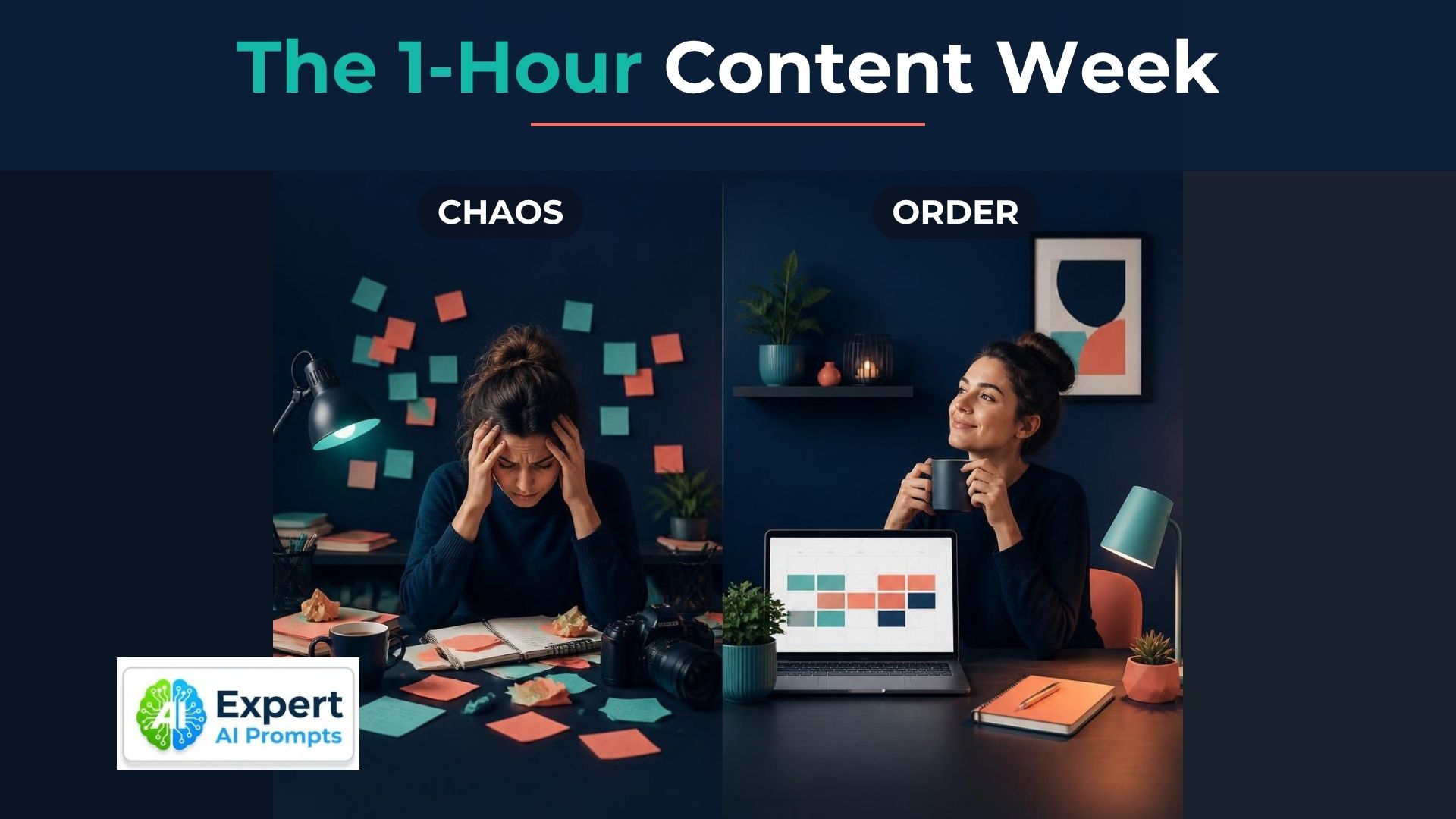 The 1-hour content week: cluttered desk and stressed creator beside a tidy desk with a weekly content calendar