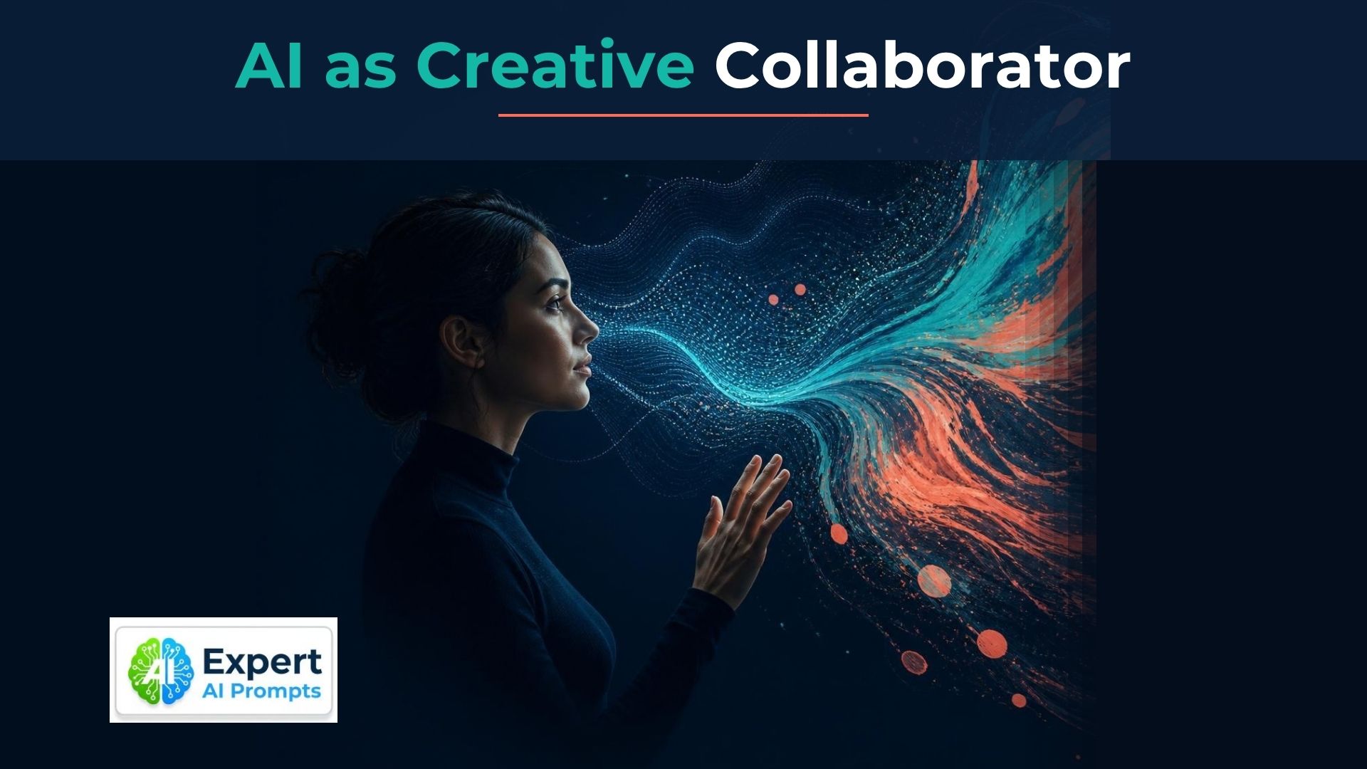 Creative Economy 2.0: a woman in profile facing blue data waves that turn into teal and coral creative strokes