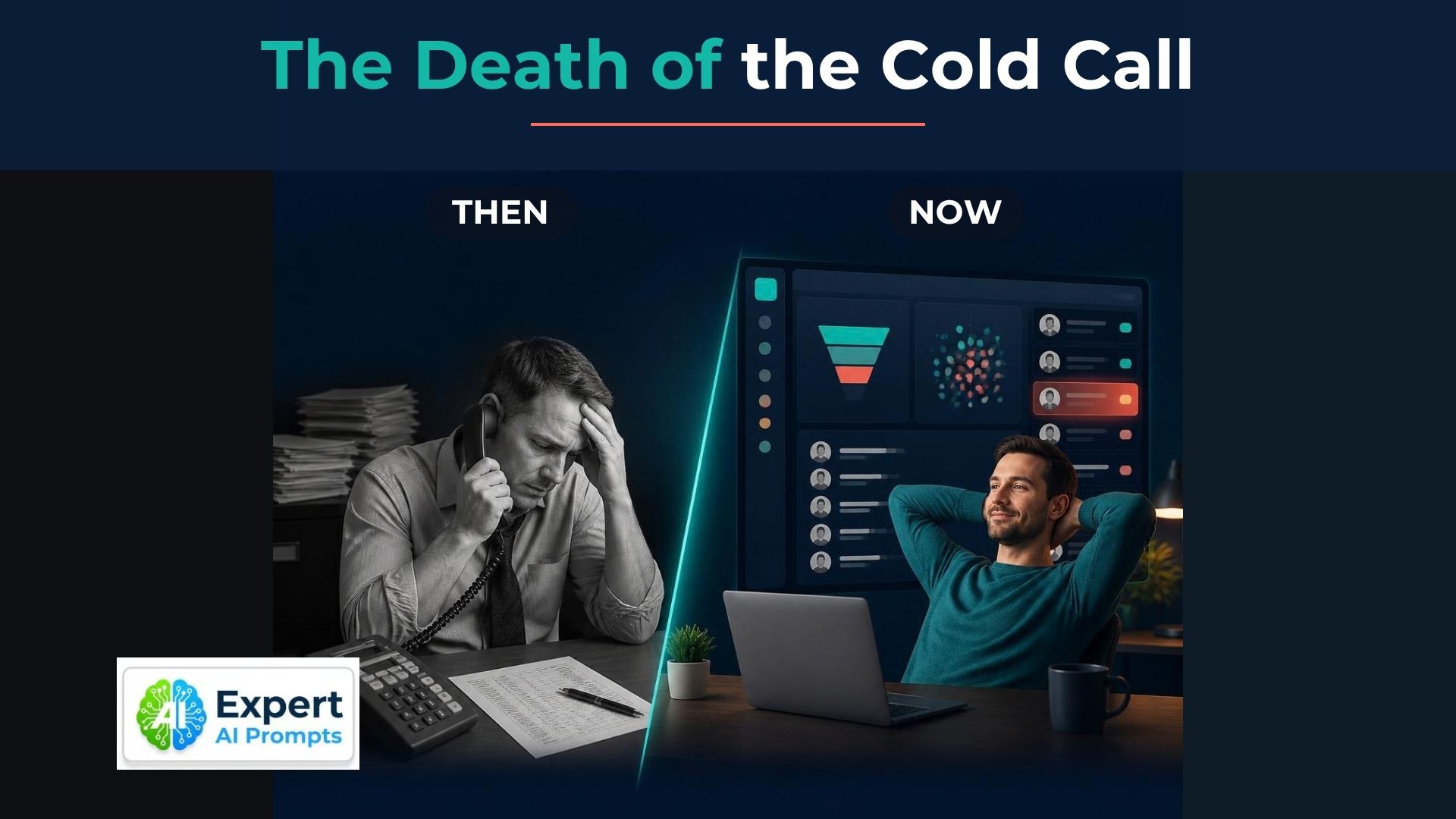 The death of the cold call: an old desk phone and call list beside a modern B2B prospecting dashboard