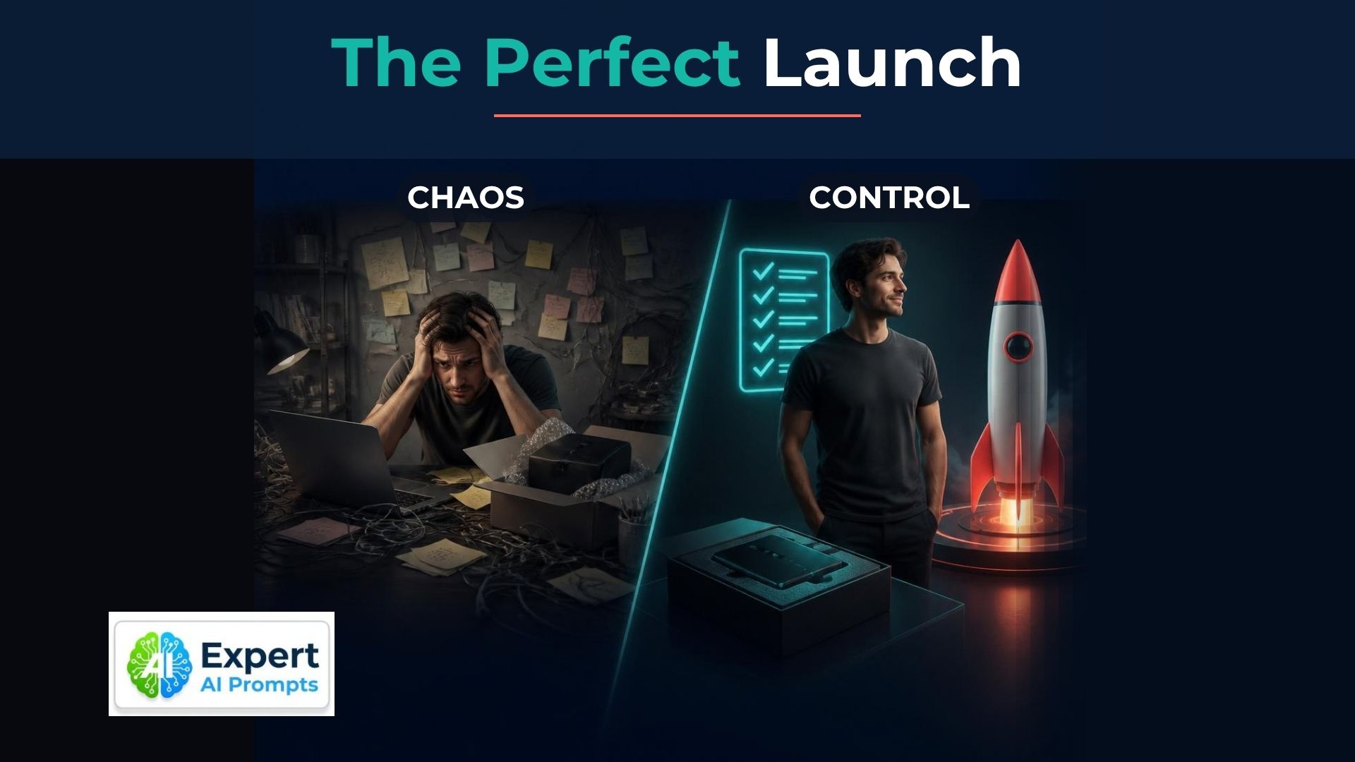 Product launch with AI: stressed founder with tangled cables beside a calm founder with a glowing launch checklist