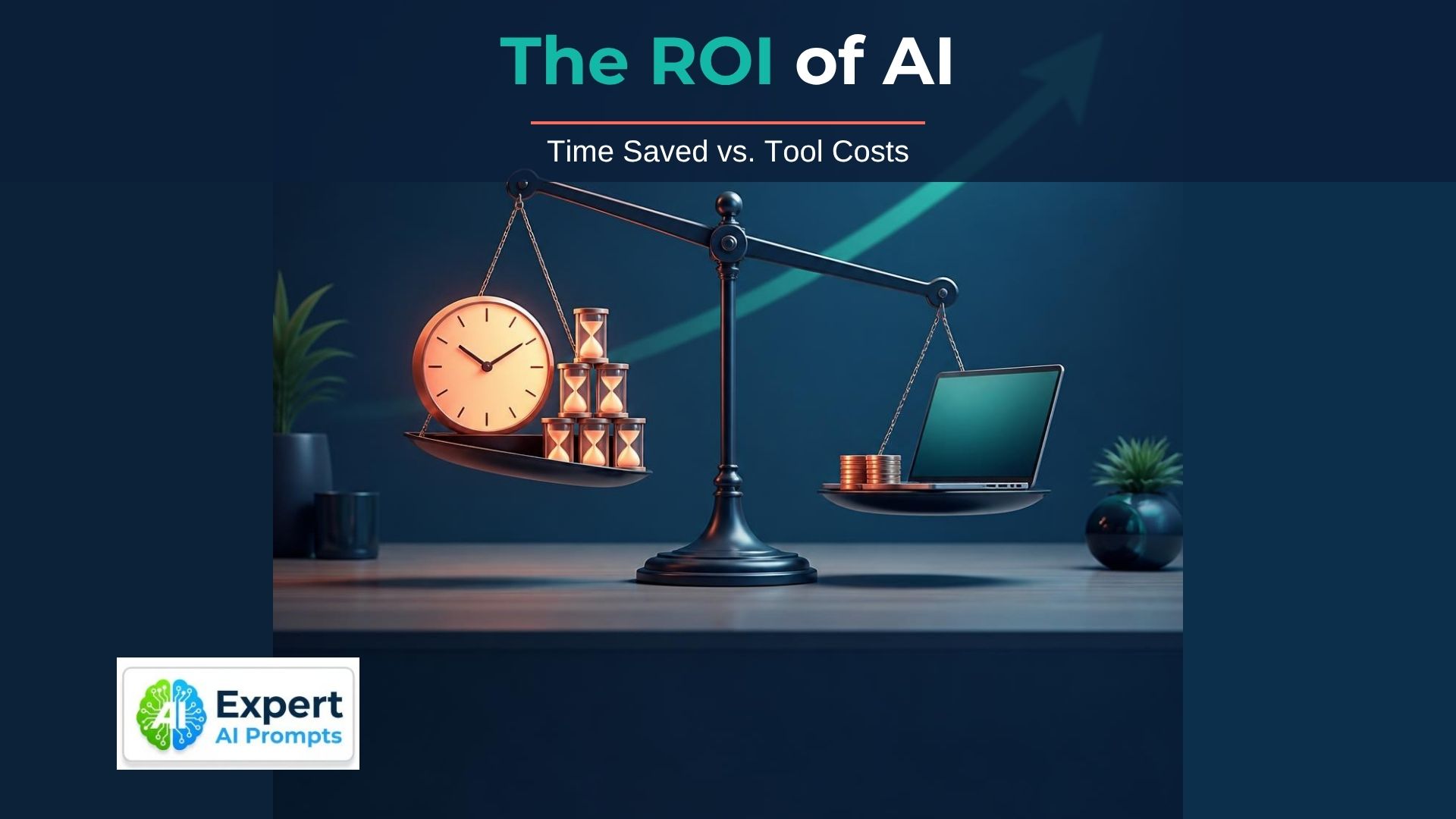 ROI of AI: a balance scale where a glowing clock outweighs coins and a laptop, with a rising green arrow