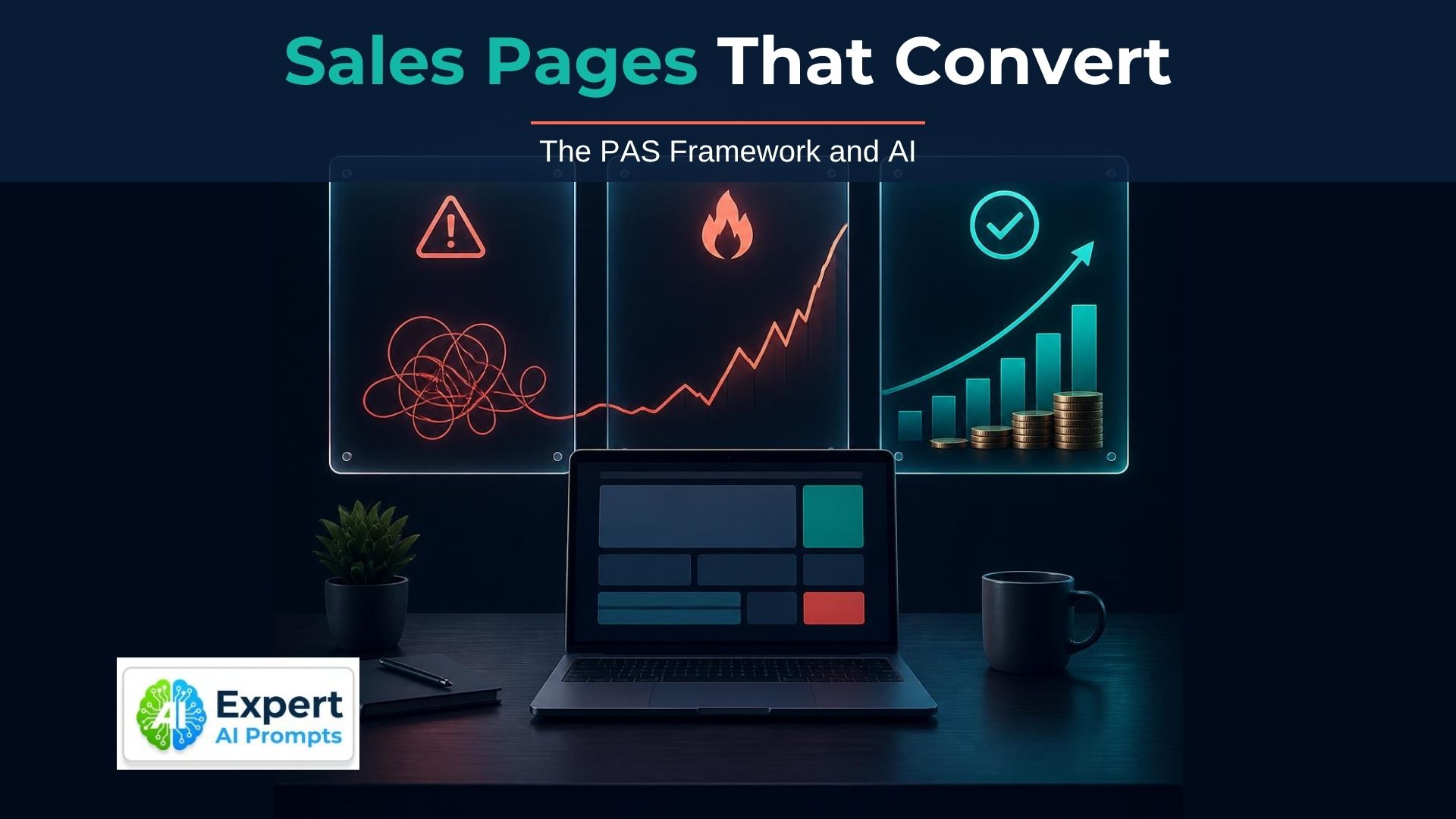 PAS framework sales page: problem, agitation and solution panels above a laptop with a rising teal growth chart