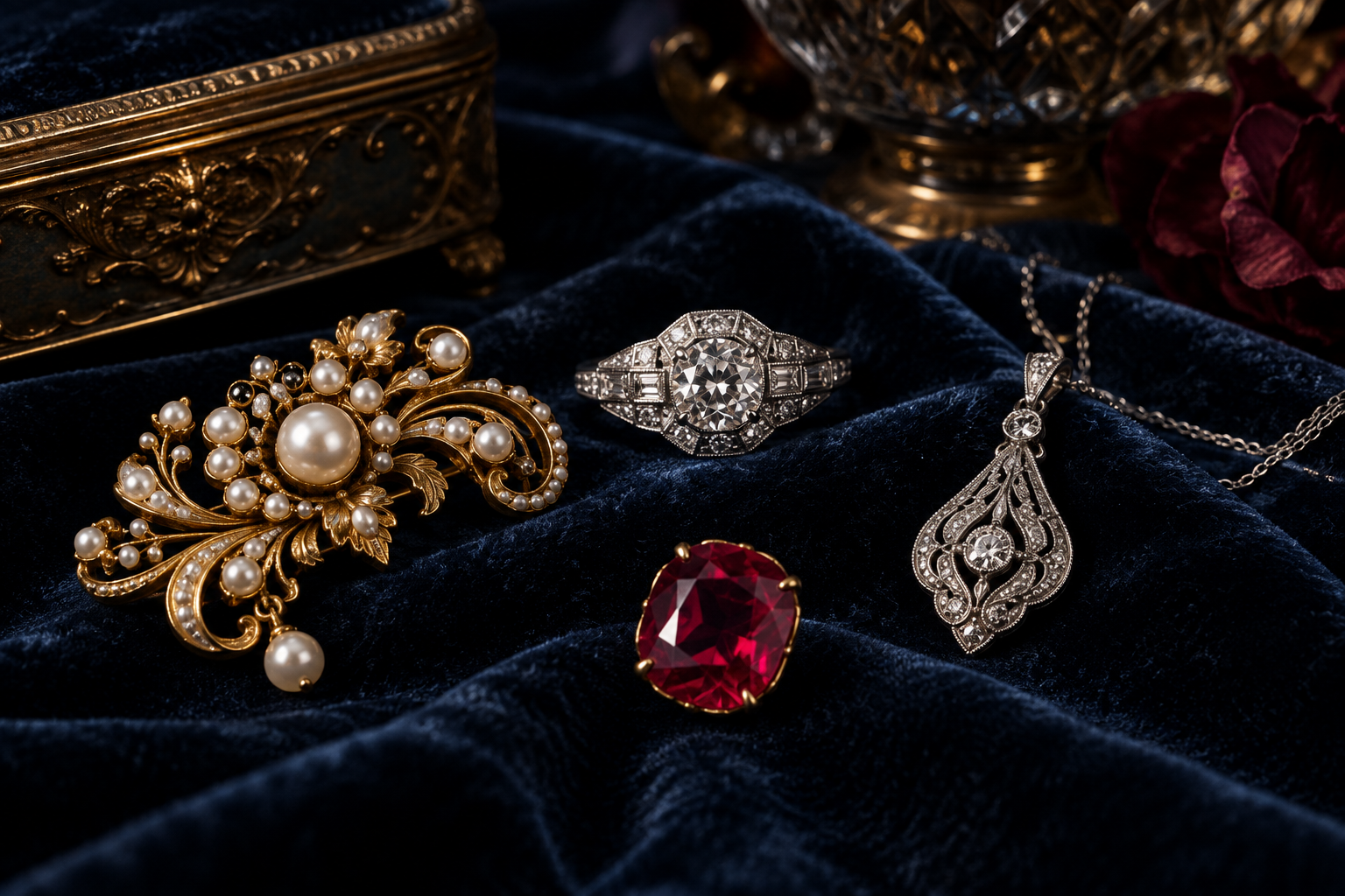 Antique pearl brooch, Art Deco style diamond ring, ruby and filigree pendant arranged on navy velvet (styled editorial image)