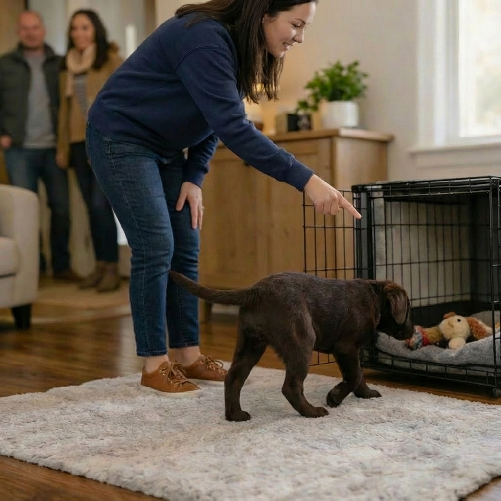 Dog trainer guiding a puppy into a crate during an in home training session with owners nearby
