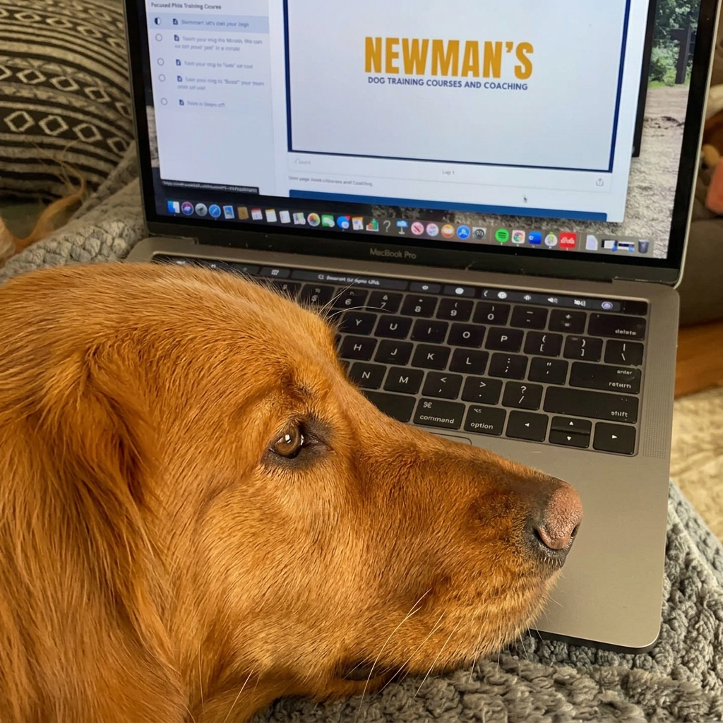 Golden retriever resting head next to laptop displaying Newman’s Dog Training online course, representing online dog training at home