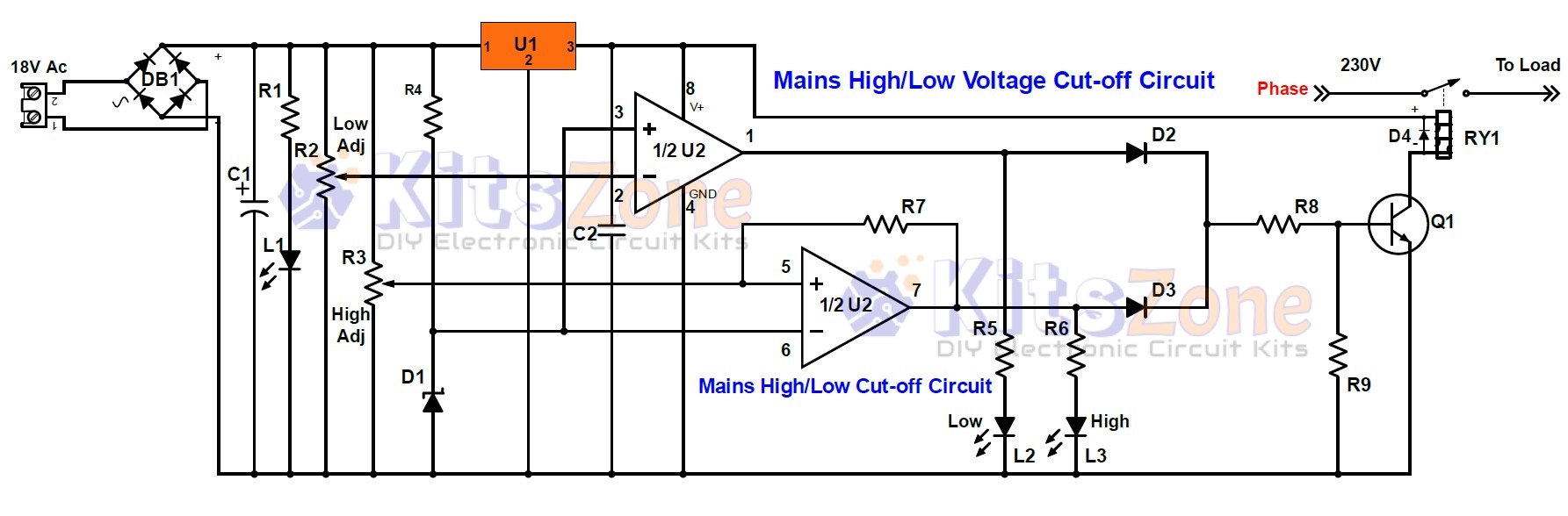 Mains high and low voltage cut-off circuit | kitszone.con