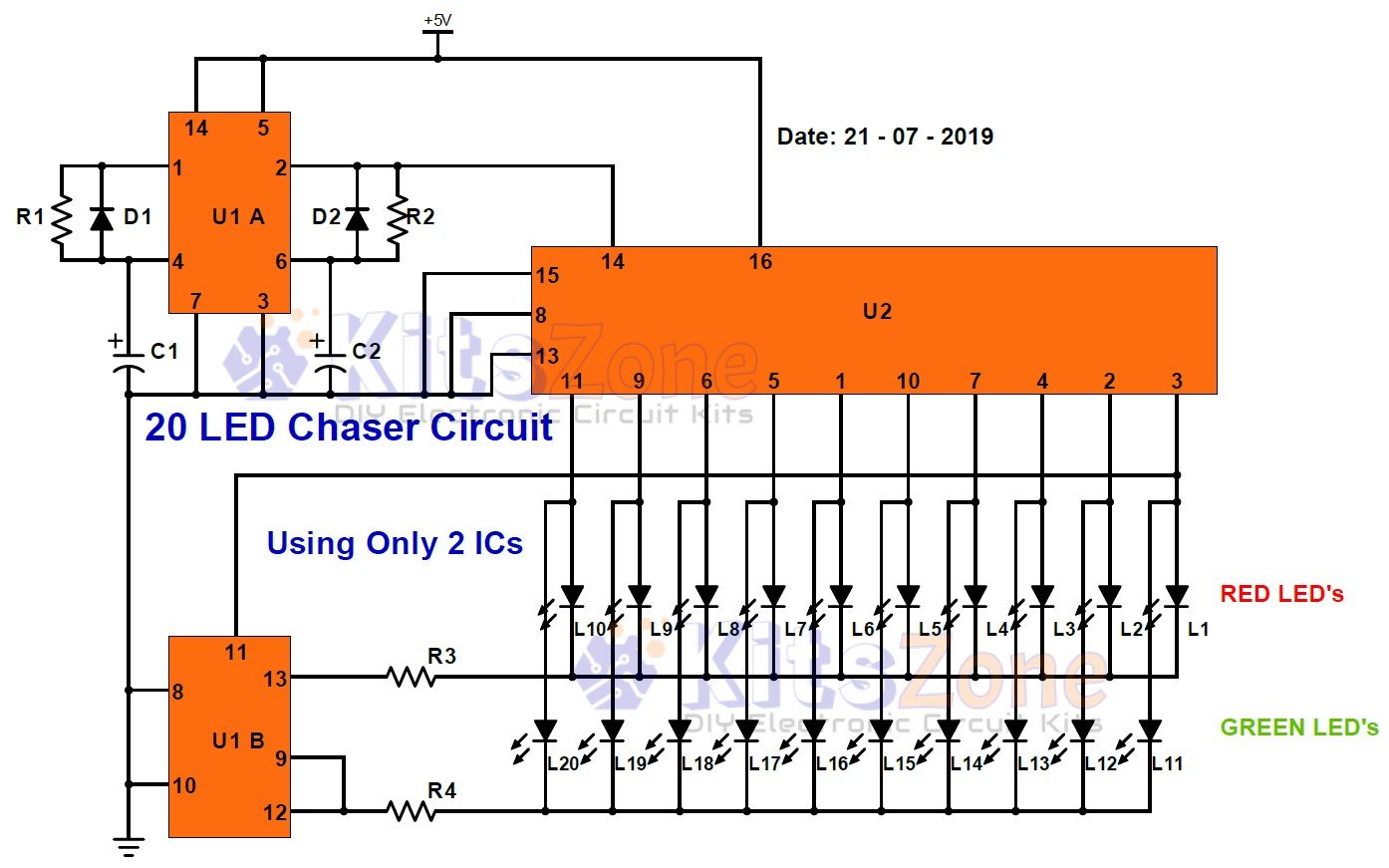 20 Led Chaser Circuit Without Ic 555 | Build A Light Chaser Circuit Using Cd4017 And Cd4013