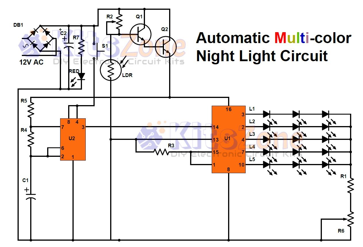 [Multi-Colour] Automatic Night Lamp Circuit Diagram Using LDR And CD4017