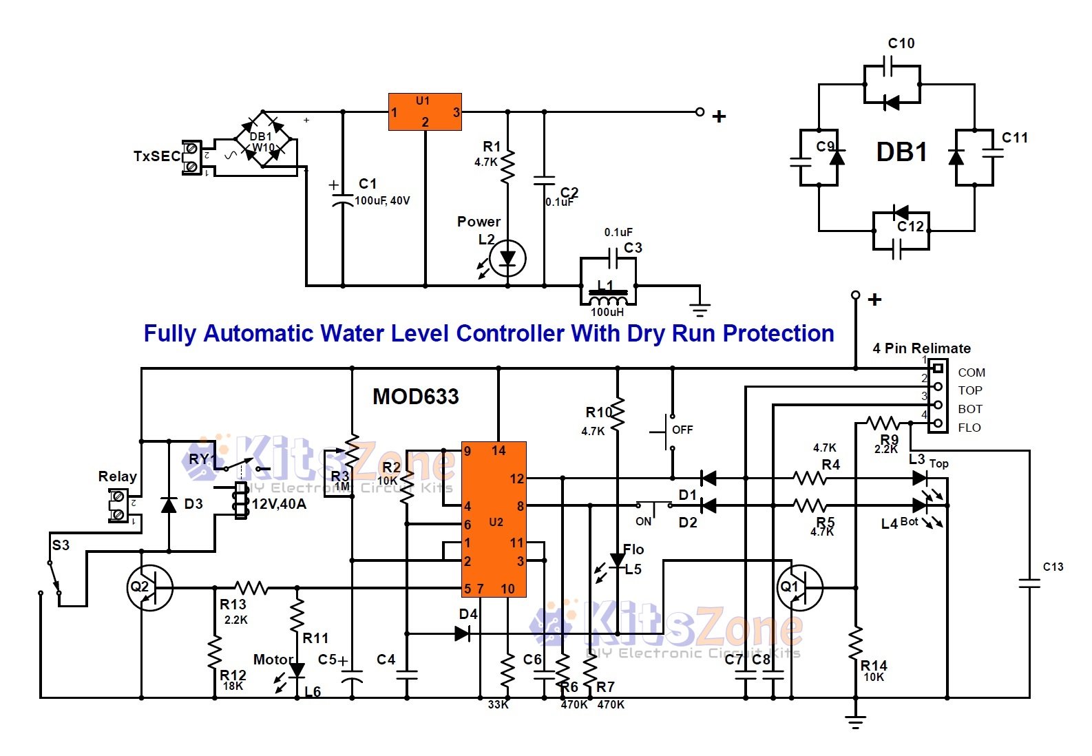 Fully Automatic Water Level Controller Circuit With Motor Dry Run Protection Without Using Microcontroller