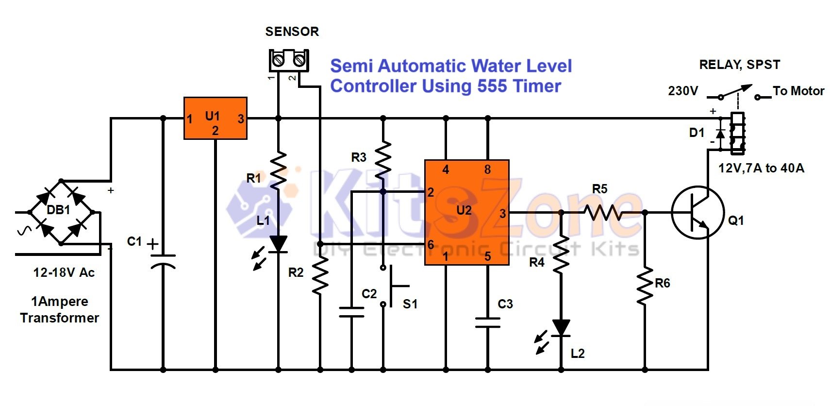 Semi-Automatic Water Level Controller Circuit Project Using 555 Timer With Indicator