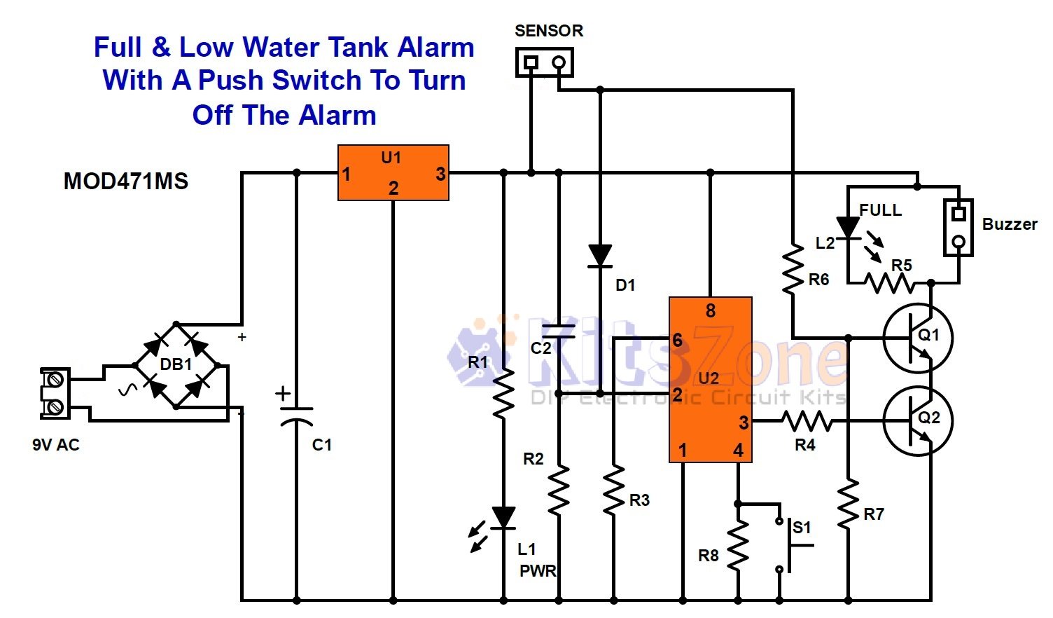 Water Tank Full & Low Level Alarm Circuit With Momentary Switch To Turn Off The Alarm