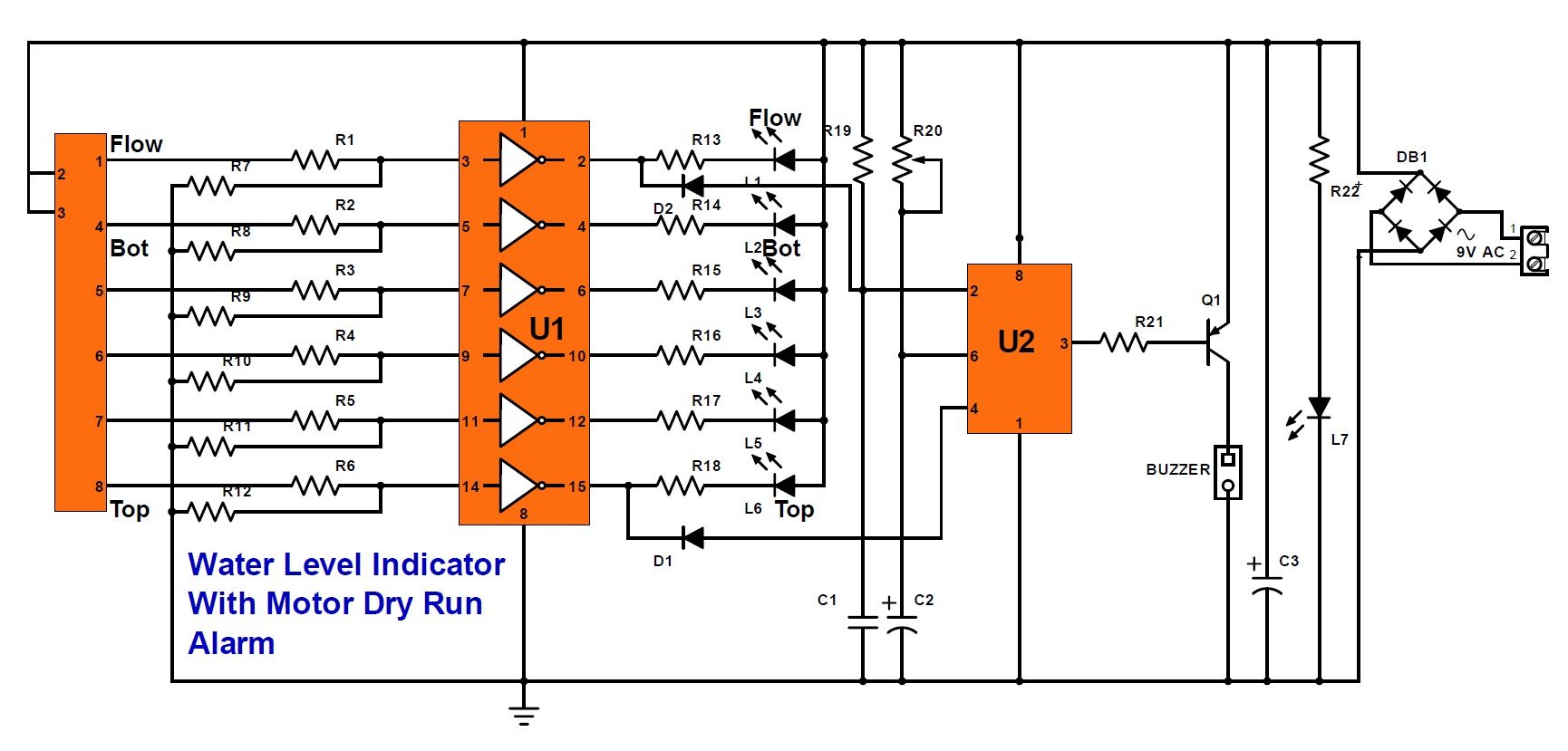 Water Level Indicator Circuit Project Using IC 555 With Motor Dry Run Alarm