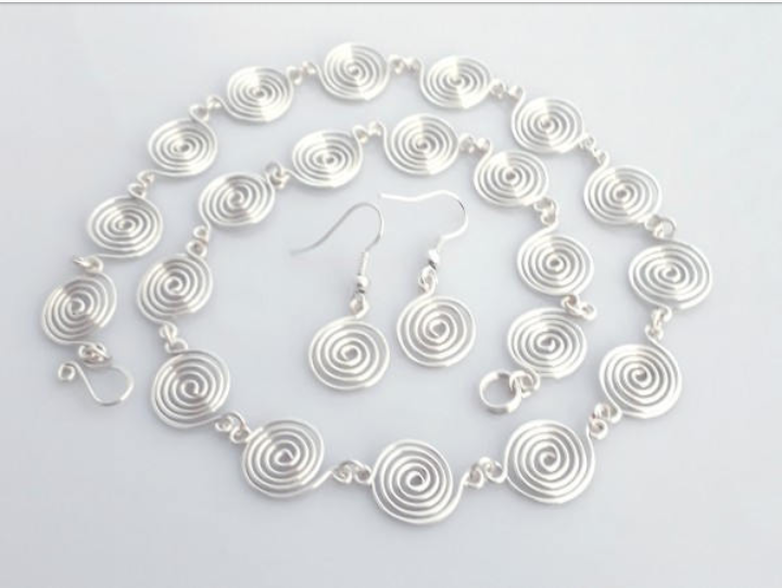  Open Silver Spiral Necklace and Earrings Set