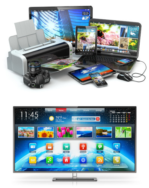 A collage of electronic devices including smart tv, tablet, cell phone, laptop, desktop, digital camera and printer.